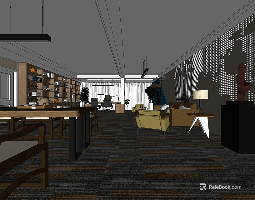 Modern Office Interior With Open Layout Bookshelves Sofa Carpet And Pendant Lights 3d model 