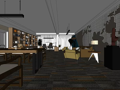 Modern Office Interior With Open Layout Bookshelves Sofa Carpet And Pendant Lights 3d model
