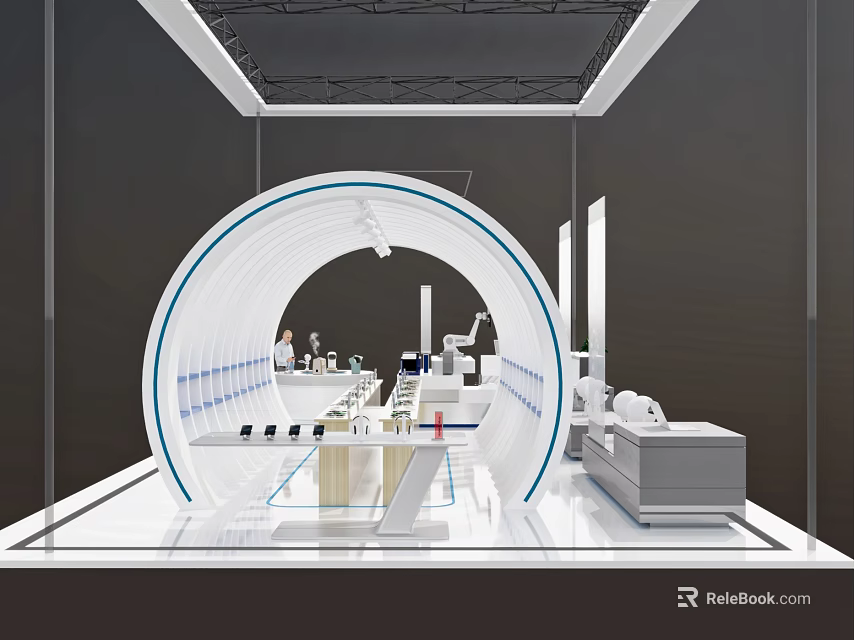 Futuristic White Circular Exhibition Space Interior With Display Counters And Equipment 3d model