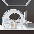 Futuristic White Circular Exhibition Space Interior With Display Counters And Equipment 3d model