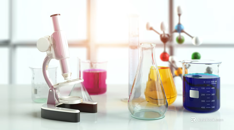 Professional Medical Laboratory Instruments With Microscope Colorful Beakers Flasks And Molecular Models 3d model 