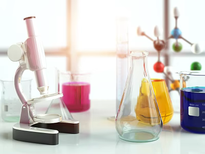 Professional Medical Laboratory Instruments With Microscope Colorful Beakers Flasks And Molecular Models 3d model