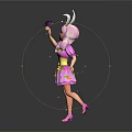 Rabbit Eared Girl Holding Purple Butterfly In Pink Star Dress With Yellow Belt