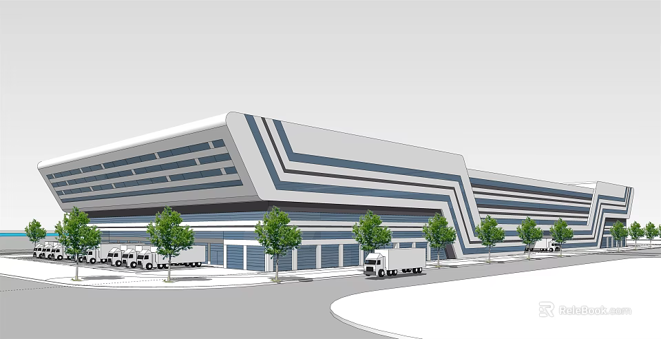 Modern Office Building With Geometric Facade Trees And Commercial Trucks 3d model 