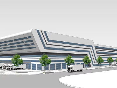 Modern Office Building With Geometric Facade Trees And Commercial Trucks 3d model
