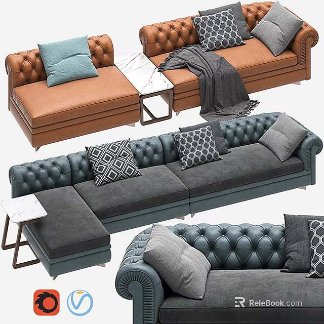 Modern Multi Colored Tufted Two Seater Sofa With Decorative Pillows And Throw Blanket 3d model
