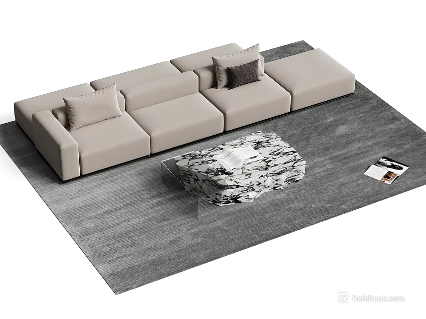 Modern Light Gray L Shaped Sofa with Black White Patterned Coffee Table and Gray Rug 3d model