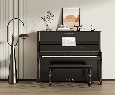 Elegant Black Piano with Framed Painting Music Sheet and Decorative Plants in Modern Interior 3d model