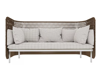 Woven Brown Frame Multi Person Sofa With Beige Checkered Pillows And White Metal Legs 3d model