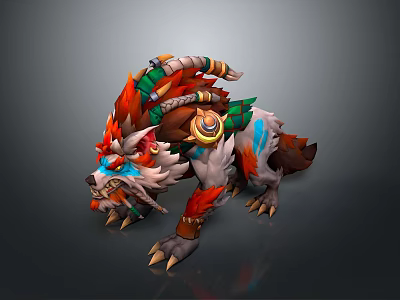 Tribal Themed Fantasy Beast Character With Orange White Fur And Colorful Decorative Accents 3d model