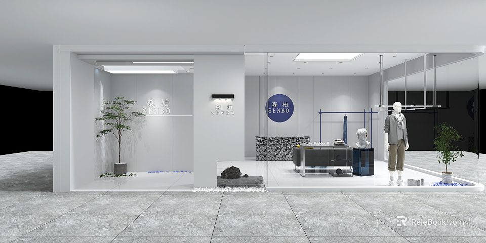 Modern Clothing Store Interior With Fashion Models Clothing Racks And Green Plants 3d model 