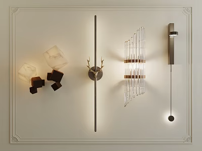 Modern Stylish Wall Lamps With Geometric Blocks Crystal Tubes And Metal Frames 3d model