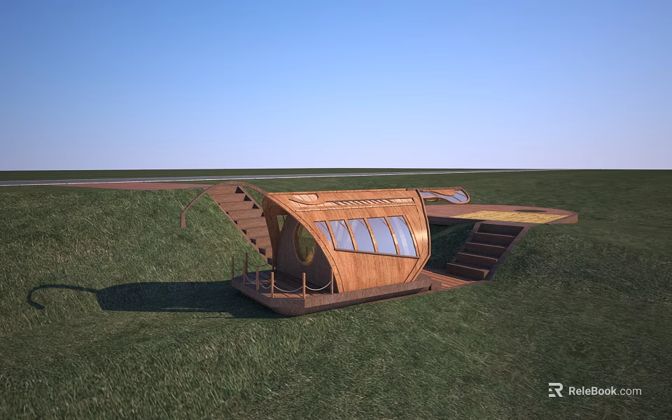 Wooden Curved Structure With Staircase On Green Grassland Under Blue Sky 3d model 