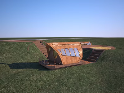 Wooden Curved Structure With Staircase On Green Grassland Under Blue Sky 3d model