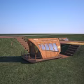 Wooden Curved Structure With Staircase On Green Grassland Under Blue Sky