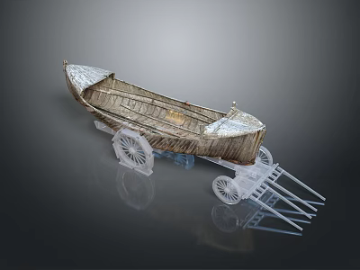 Traditional Wooden Boat With Wheeled Carriage Structure And Wooden Planks Design 3d model