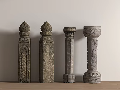 Set of Four Decorative Stone Columns with Intricate Carved Motifs 3d model