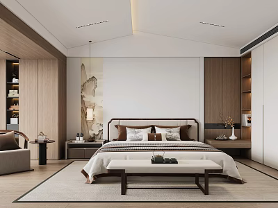 Modern Chinese Bedroom Interior with Bed Nightstands Decorative Painting Rug Bench and Wooden Wardrobe 3d model