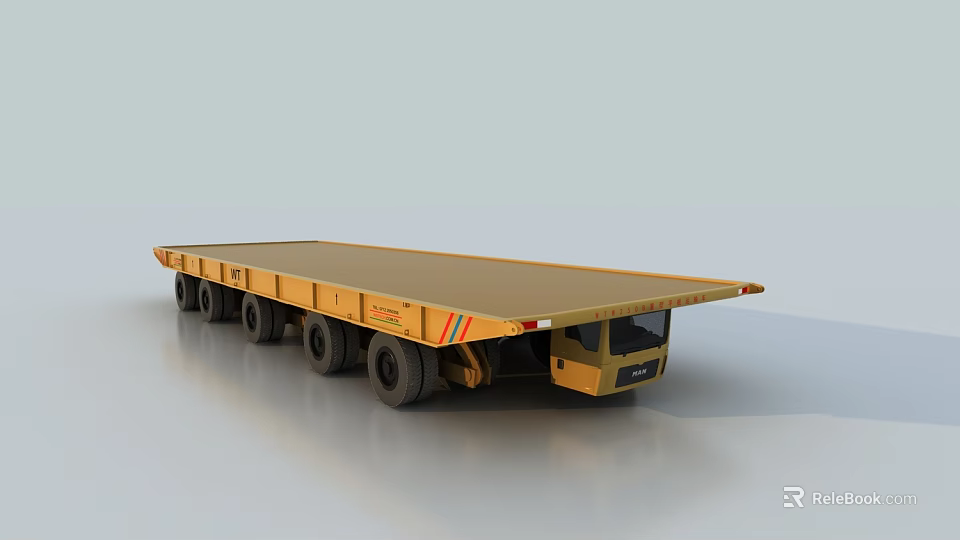 Yellow Flatbed Utility Vehicle With Multiple Wheels And Long Cargo Bed For Heavy Load Transport 3d model 