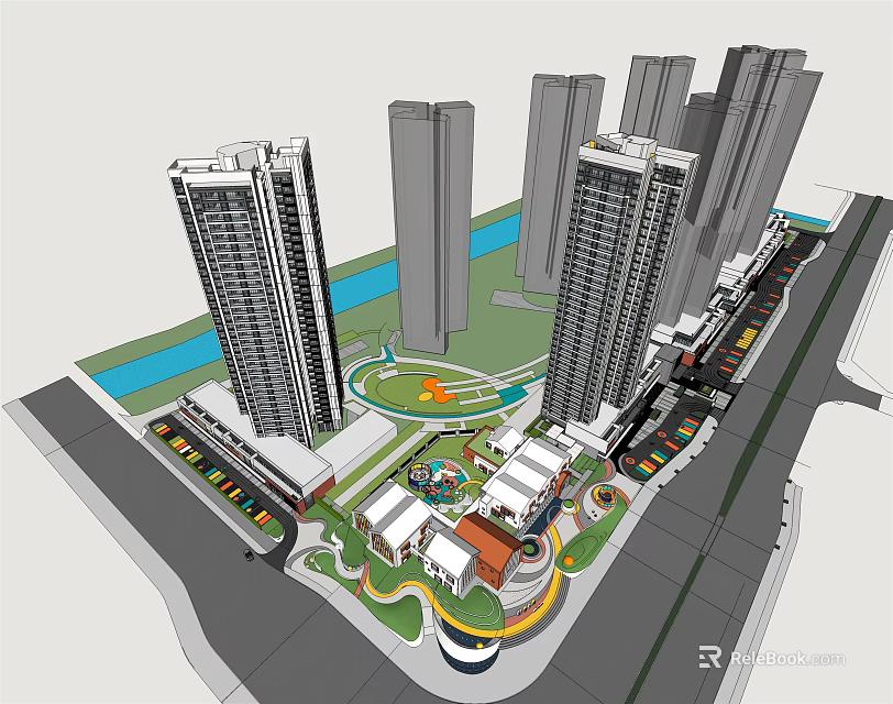 Urban High Rise Residential Area With Central Green Park And River View 3d model 