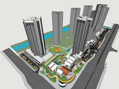 Urban High Rise Residential Area With Central Green Park And River View 3d model