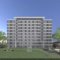 Modern Mid Rise Residential Building With Large Windows Green Lawn And Sculpture