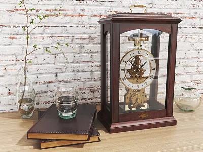 Vintage Wooden Mantel Clock With Visible Gears On Table Near Books And Glass Vase 3d model