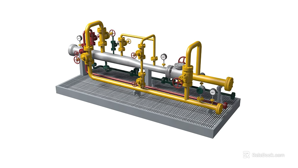 Industrial Equipment Pipeline System With Yellow Pipes Valves And Pressure Gauges On Metal Base 3d model 
