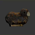 Ram Sculpture With Brown Orange Textured Surface And Light Wooden Base