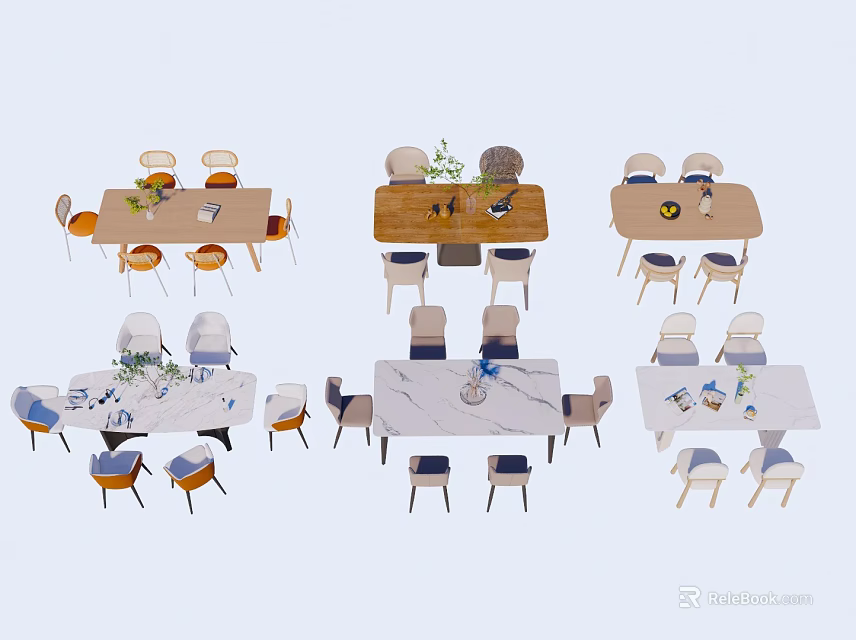 Modern Dining Table Set With Various Chairs And Decorative Centerpieces 3d model
