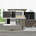 Modern Detached Villa Exterior With Wooden Facade Concrete Structure Garage And Lush Trees
