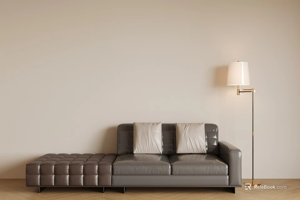 Dark Gray Leather Double Sofa With Two Light Cushions And Floor Lamp 3d model