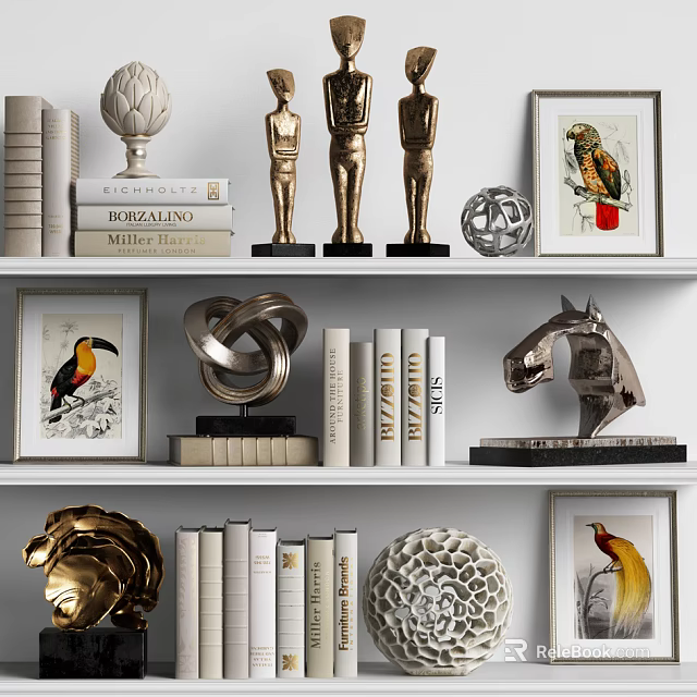 Decorative Ornaments Collection on Shelves with Books Framed Bird Artworks Horse Sculpture and Geometric Decor 3d model 