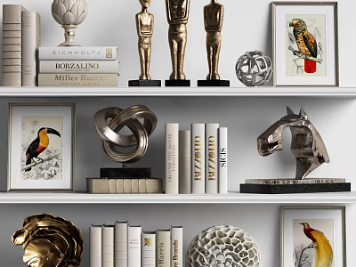 Decorative Ornaments Collection on Shelves with Books Framed Bird Artworks Horse Sculpture and Geometric Decor 3d model