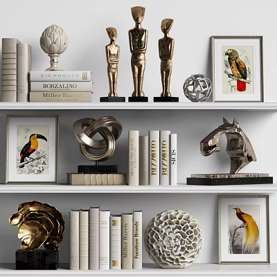 Decorative Ornaments Collection on Shelves with Books Framed Bird Artworks Horse Sculpture and Geometric Decor 3d model