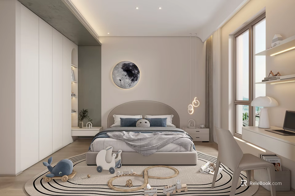 Modern Minimalist Kids Room Interior With Moon Wall Art Bed Rug And Toys 3d model 