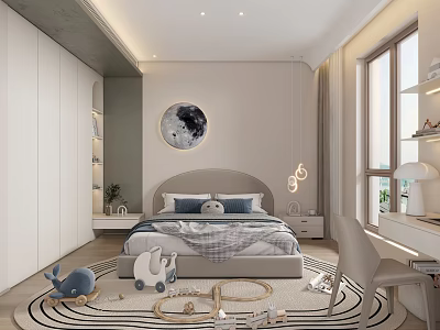 Modern Minimalist Kids Room Interior With Moon Wall Art Bed Rug And Toys 3d model