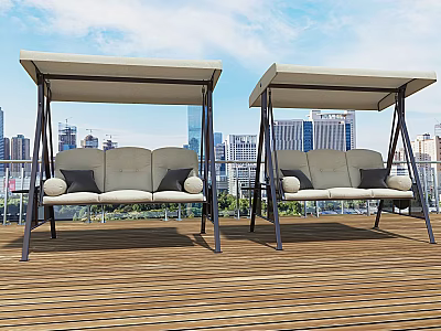 Outdoor Swing Chairs With Canopy Beige Gray Cushions Round Pillows On Wooden Deck City Skyline 3d model