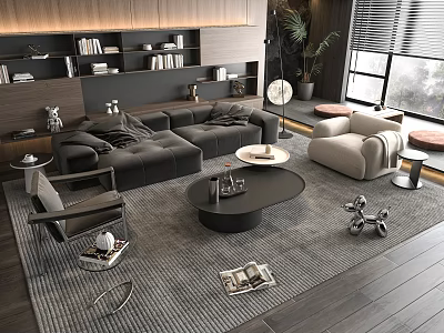 Modern Leather Sectional Sofa And Round Coffee Table Set With Armchair Rug And Plants 3d model