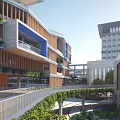 Modern Multi Story School Building With Wooden Cladding Balconies Greenery And Courtyard Walkers
