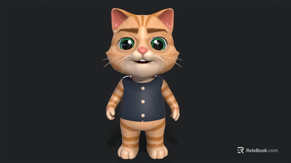 Cartoon Cat Character With Orange Stripes Blue Vest And Green Big Eyes Standing Pose 3d model 