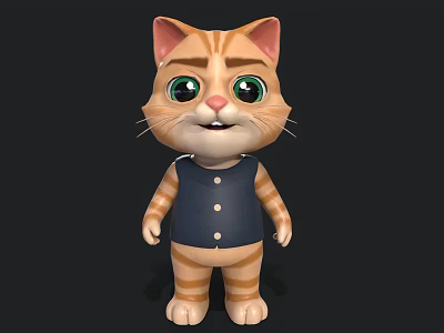Cartoon Cat Character With Orange Stripes Blue Vest And Green Big Eyes Standing Pose 3d model
