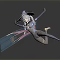 Futuristic Witch Character With White Hair Witch Hat And Blue Purple Outfit In Flying Pose