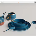 Elegant Red and Blue Stackable Tableware Set with Bowls Plates Spoons and Chopsticks 3d model