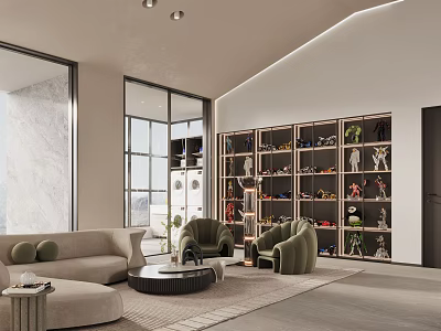 Modern Lounge Room With Sofa Green Armchairs Coffee Table Display Shelves Figurines And Large Windows 3d model
