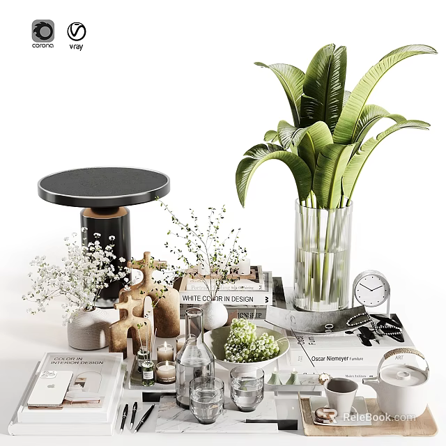 Decorative Ornament Collection with Green Plants Glass Vases Books and Wooden Accents 3d model 