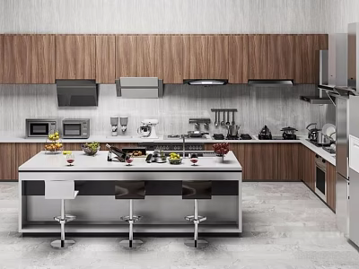Modern Kitchen Interior With Wooden Cabinets And Island Counter Design 3d model