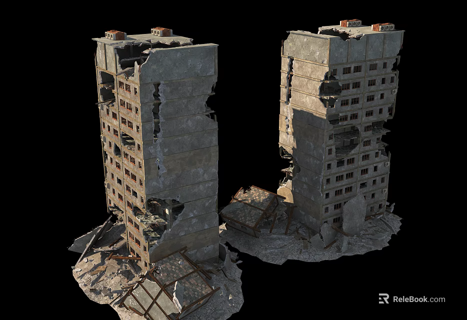 Damaged High Rise Concrete Building Structure With Cracks Collapsed Sections And Debris 3d model 