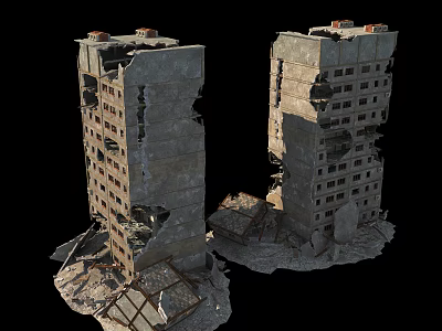 Damaged High Rise Concrete Building Structure With Cracks Collapsed Sections And Debris 3d model