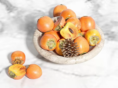 Fresh Persimmons in Stone Bowl with Pine Cone on Marble Surface 3d model
